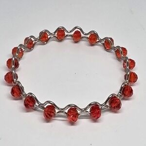 Red Beaded Bracelet Silver Tone Wire Fashion Jewelry Accessory Women
